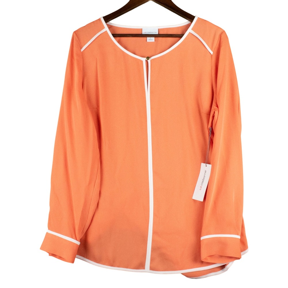 Liz Claiborne Womens‎ L Blouse Coral Orange Split Neck Business Casual